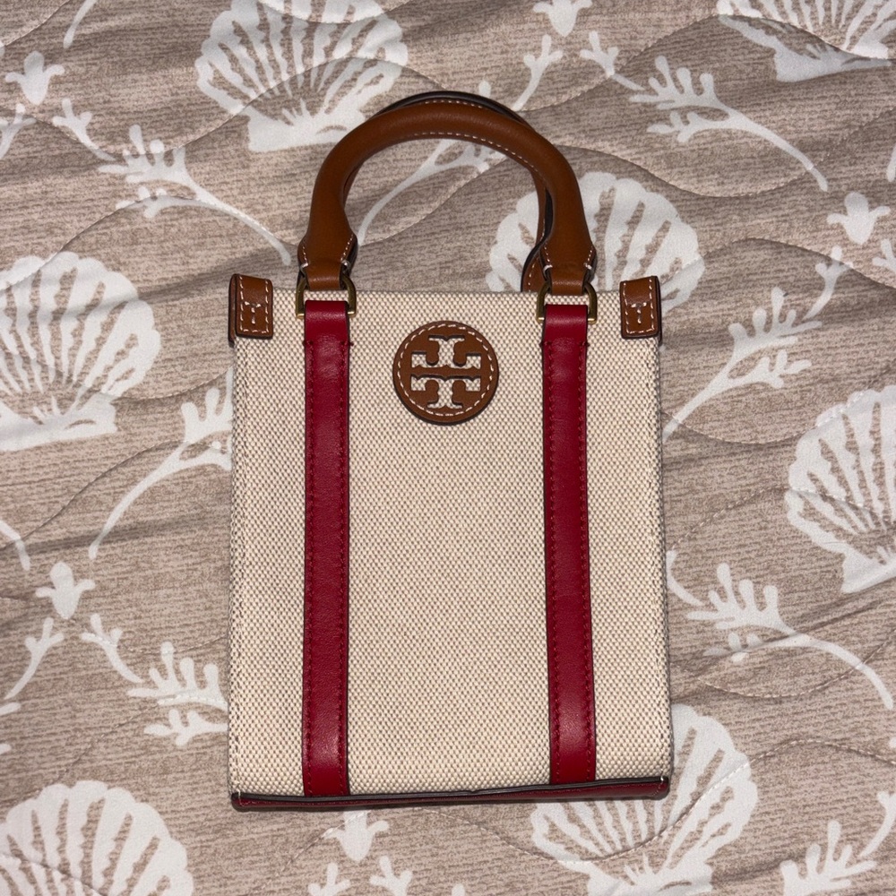 Tory Burch Cream Canvas Mini Tote with Red Trim and Brown Leather Handles